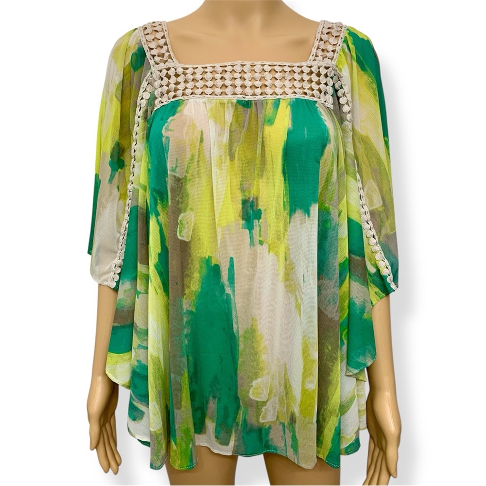 Alfani Green Yellow Flutter Sleeve Kaftan Style Lace Top Blouse Plus size 0X